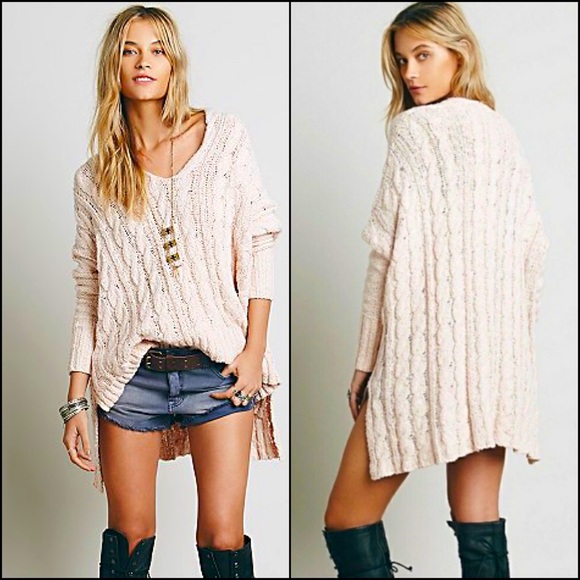 Free People Cream V-Neck Cable Knit Dolman Sleeve Sweater - Picture 1 of 10